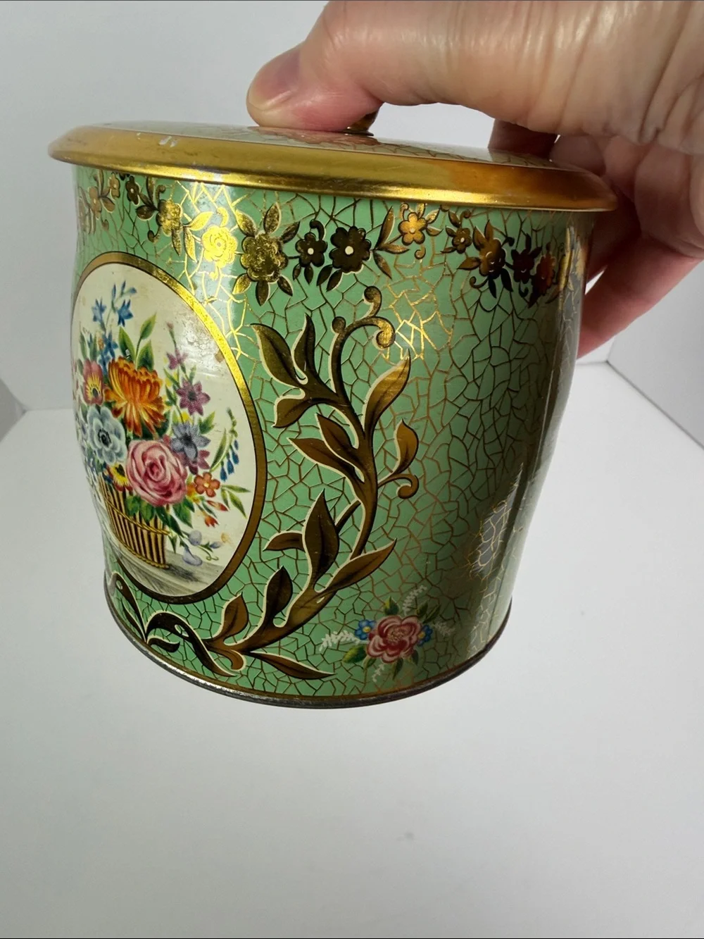 Vintage Biscuit Cookie Tea Tin England Floral Decorative Canister Gold Trim 6”
